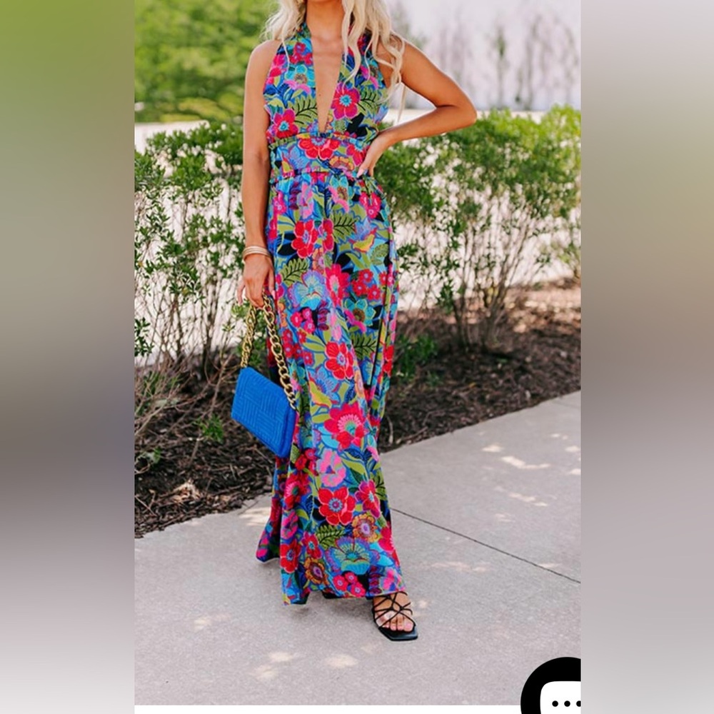 NWOT Sugarlips Vibrant Floral Halter Style Maxi Dress